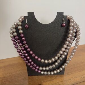 NEW Plum and Silver Pearl Necklace & Earring Set Layered Beaded Statement